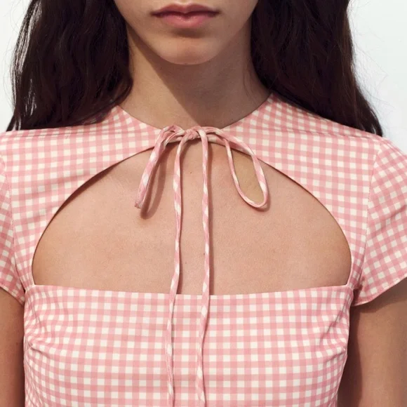 NEW Zara Tied White Pink Gingham Checkered Mini Dress XL L - Picture 5 of 9